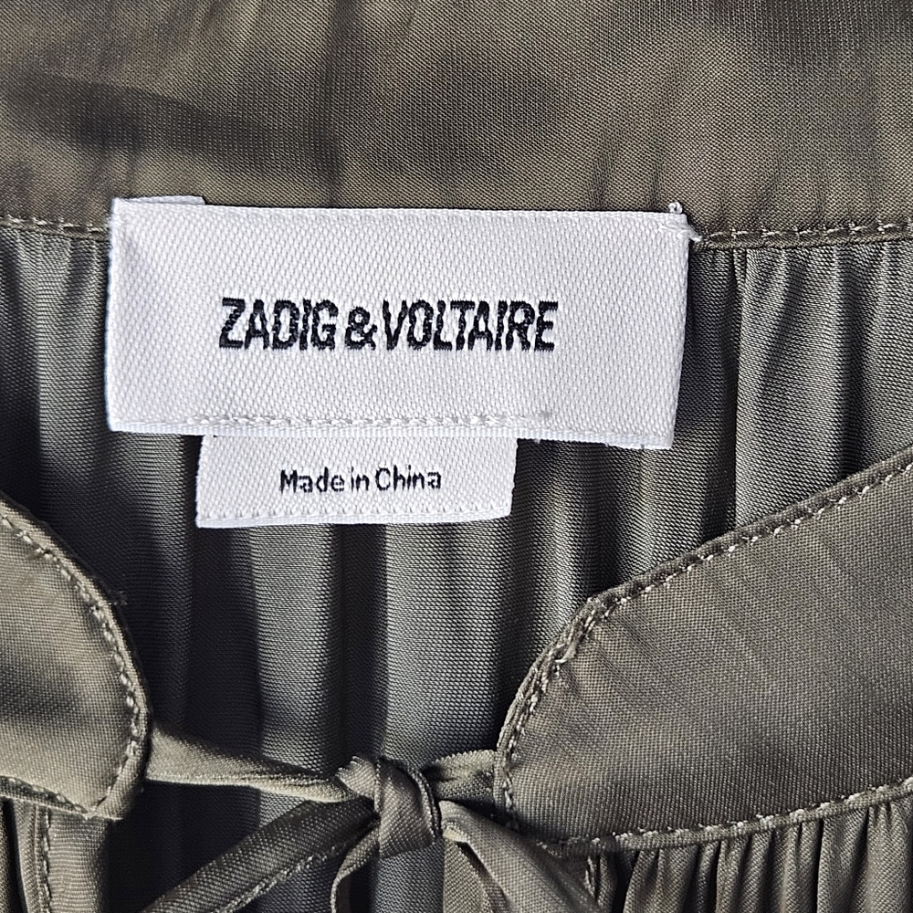 Zadug & Voltaire Rito Tiered Satin Olive Green Flutter Sleeve Dress - Picture 10 of 15